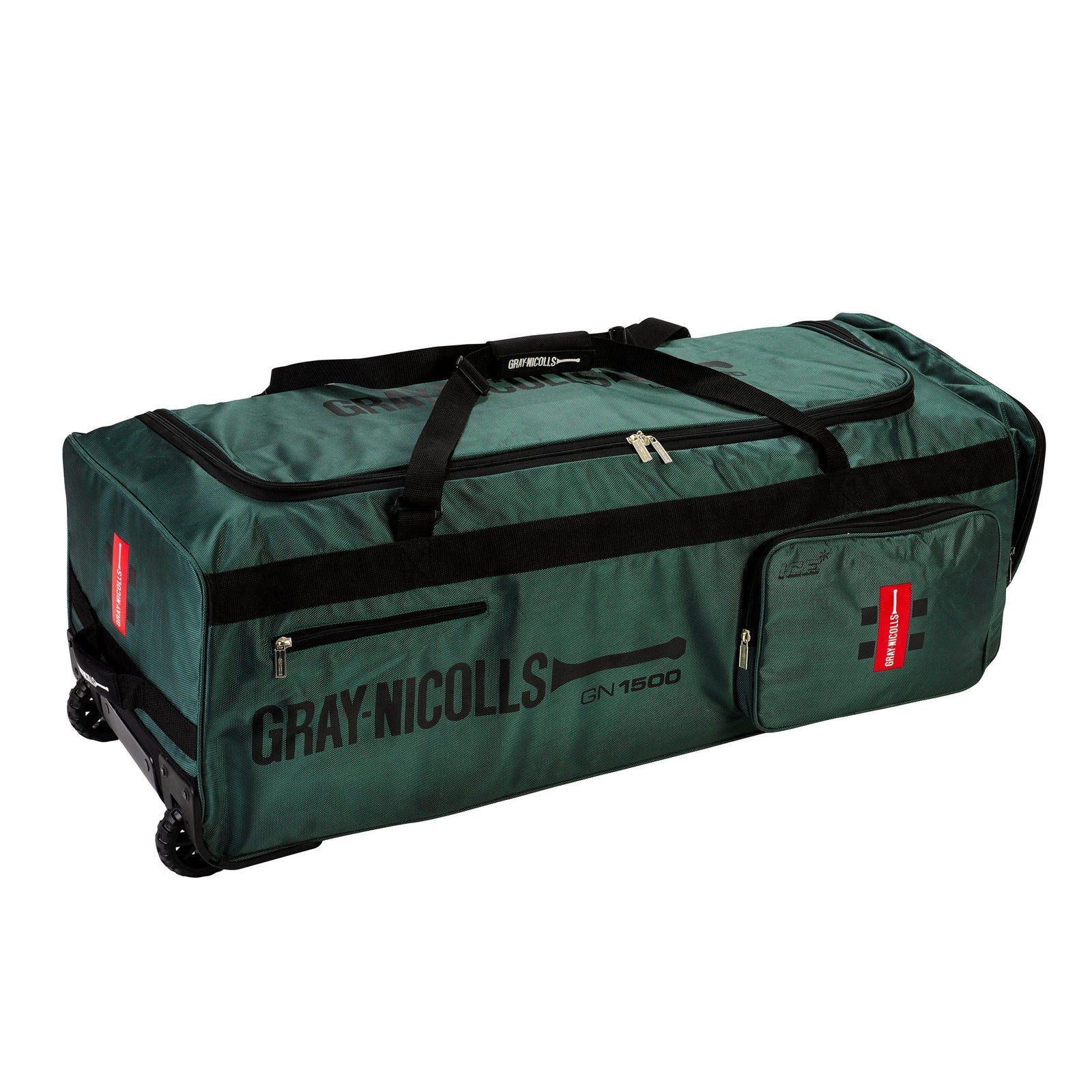 Green sports bag with black straps and 'Gray Nicolls' branding on a white background 21615_GN_1500_Wheel_Bag