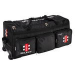 Black sports bag with multiple compartments and visible branding on a white background Gray-Nicolls Select Cricket Wheel Bag – 110L Kit Bag