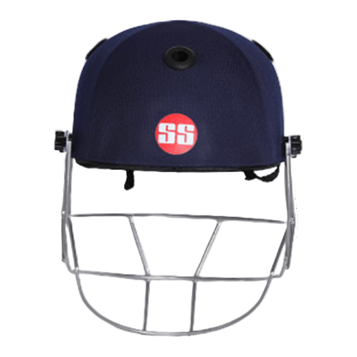 Navy blue cricket helmet with a ss brand logo on a white background