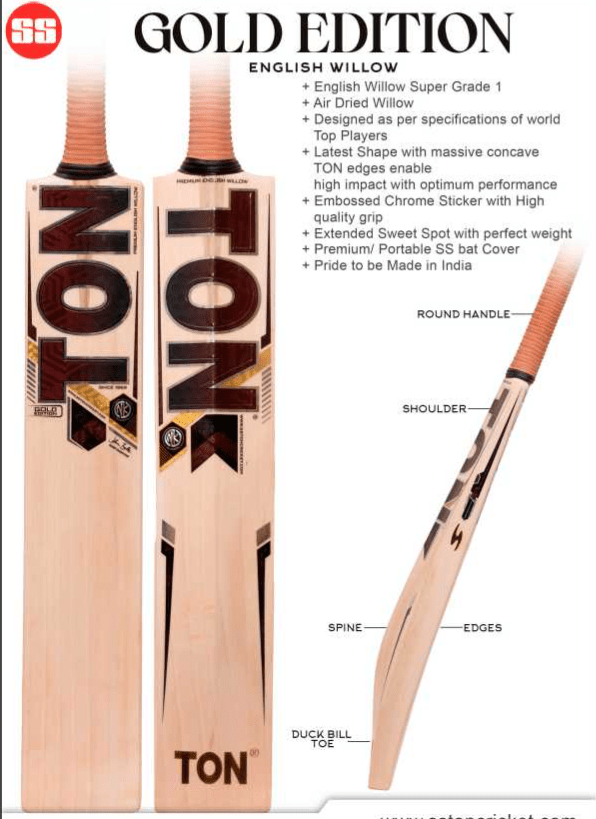 SS Cricket Bats Short Handle / Medium 2lbs 8oz - 2lbs 10oz SS Ton Gold English Willow Cricket Bat