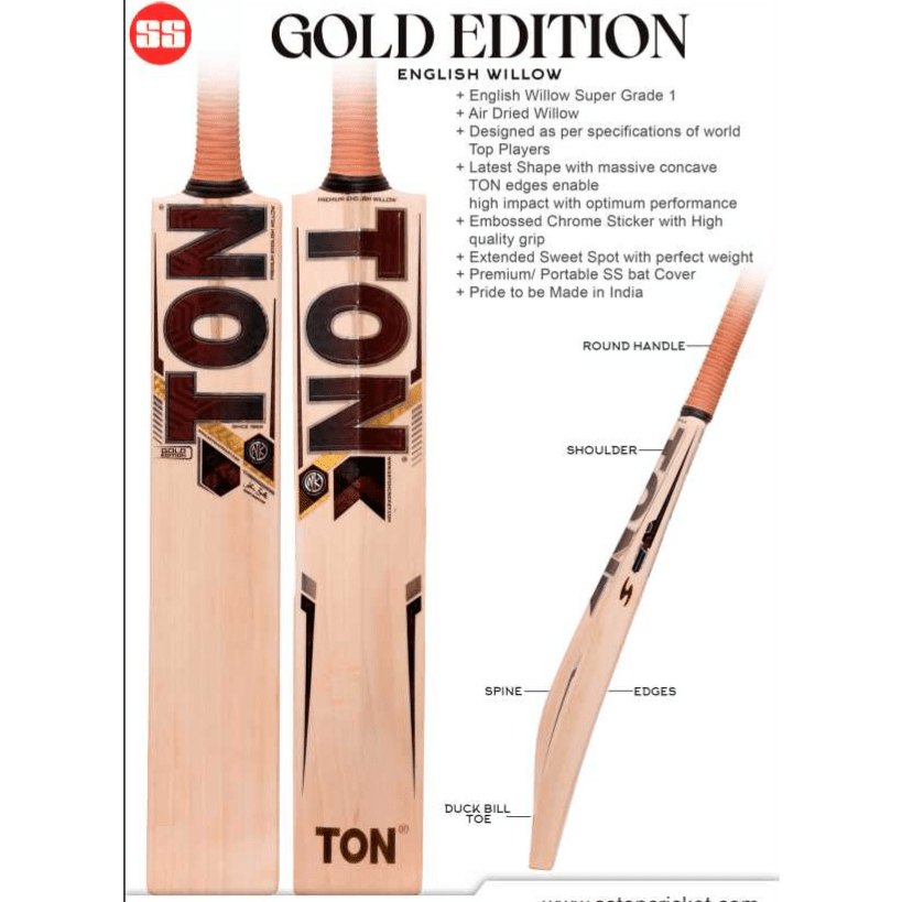 SS Cricket Bats Short Handle / Medium 2lbs 8oz - 2lbs 10oz SS Ton Gold English Willow Cricket Bat